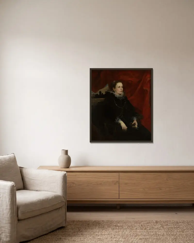 Porträtt av en kvinna, kallad marchesa Durazzo av Anthony van Dyck inramad på en vägg