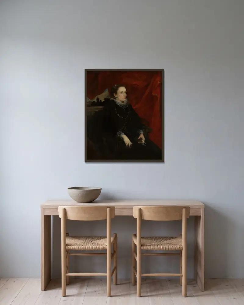 Porträtt av en kvinna, kallad marchesa Durazzo av Anthony van Dyck inramad på en vägg