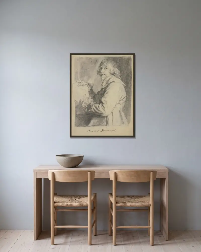 Porträtt av Hendrick van Steenwyck den yngre av Anthony van Dyck inramad på en vägg