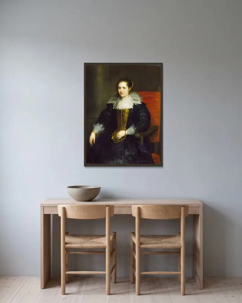 Porträt der Isabella Waerbeke von Anthony van Dyck gerahmt an einer Wand