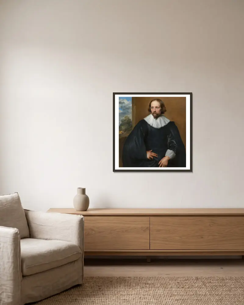 Porträt des Quintijn Symons von Anthony van Dyck gerahmt an einer Wand