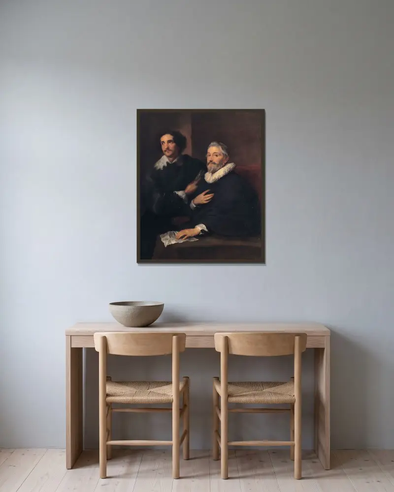 Porträtt av gravörerna Pieter de Jode den äldre och Pieter de Jode den yngre av Anthony van Dyck inramad på en vägg