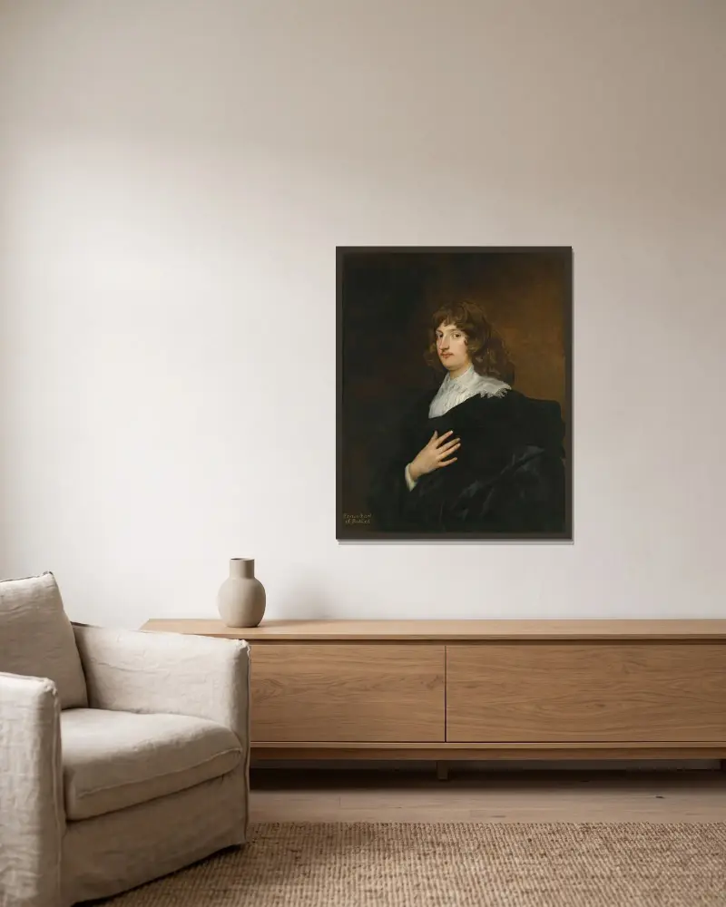Porträtt av William Russell, 5:e earl och senare 1:e hertig av Bedford av Anthony van Dyck inramad på en vägg