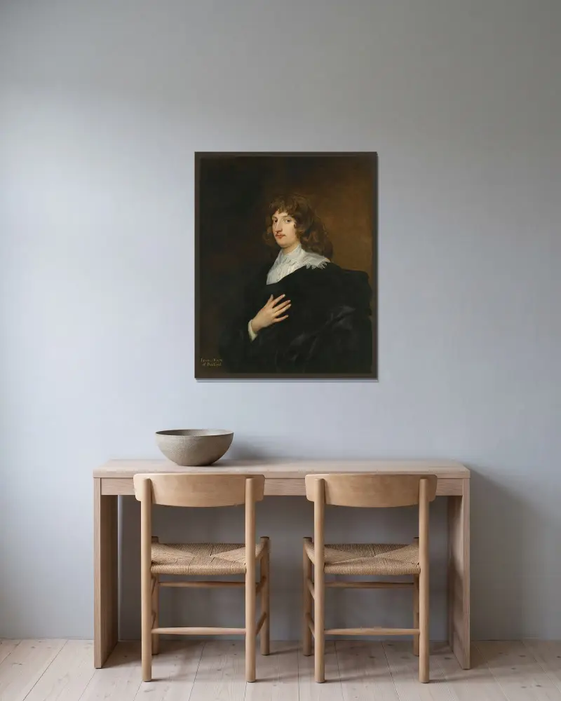 Porträtt av William Russell, 5:e earl och senare 1:e hertig av Bedford av Anthony van Dyck inramad på en vägg