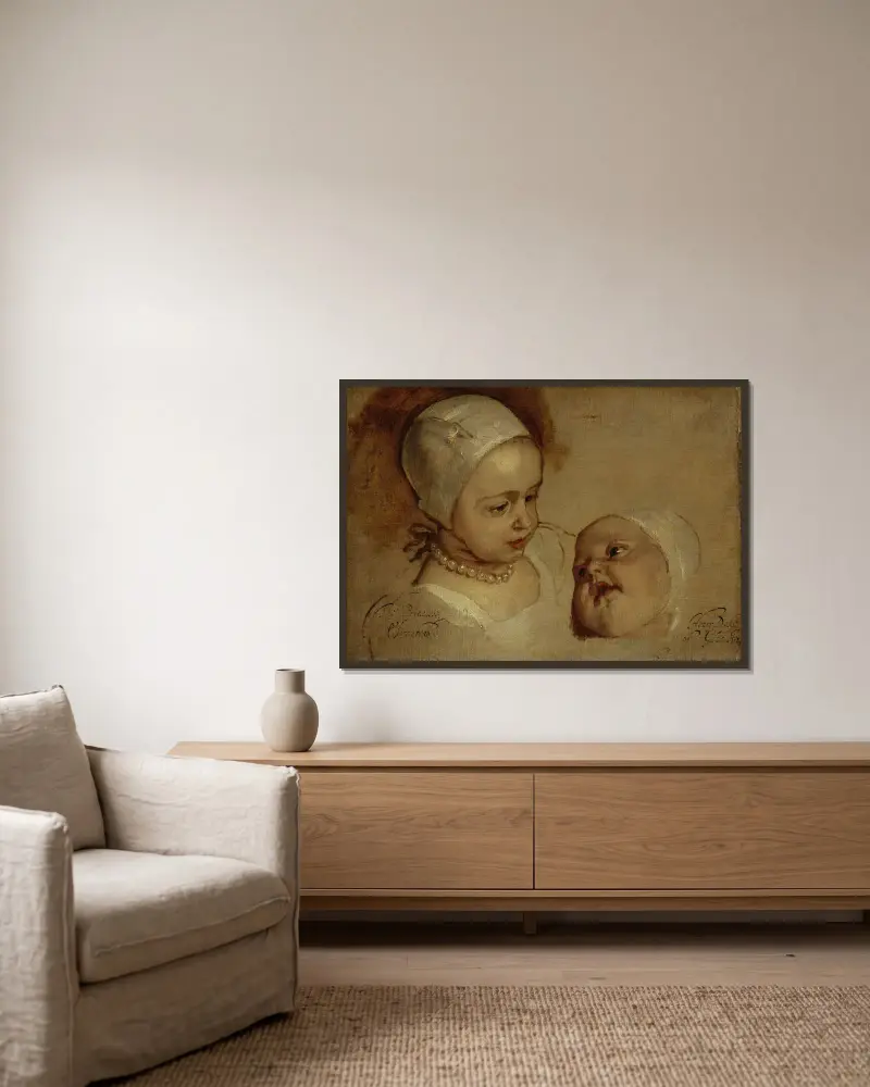 Prinsessan Elizabeth och prinsessan Anne, döttrar till Karl I av Anthony van Dyck inramad på en vägg