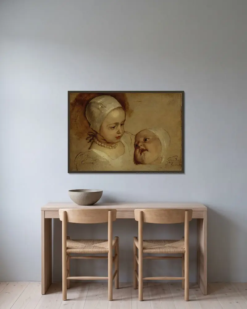 Prinsessan Elizabeth och prinsessan Anne, döttrar till Karl I av Anthony van Dyck inramad på en vägg