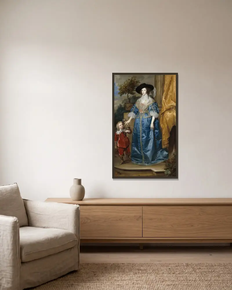 Drottning Henrietta Maria med sir Jeffrey Hudson av Anthony van Dyck inramad på en vägg