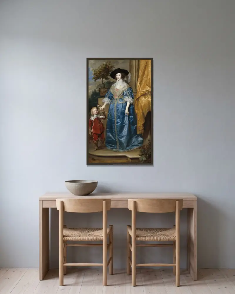 Drottning Henrietta Maria med sir Jeffrey Hudson av Anthony van Dyck inramad på en vägg