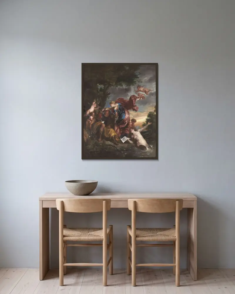 Rinaldo and Armida av Anthony van Dyck inramad på en vägg