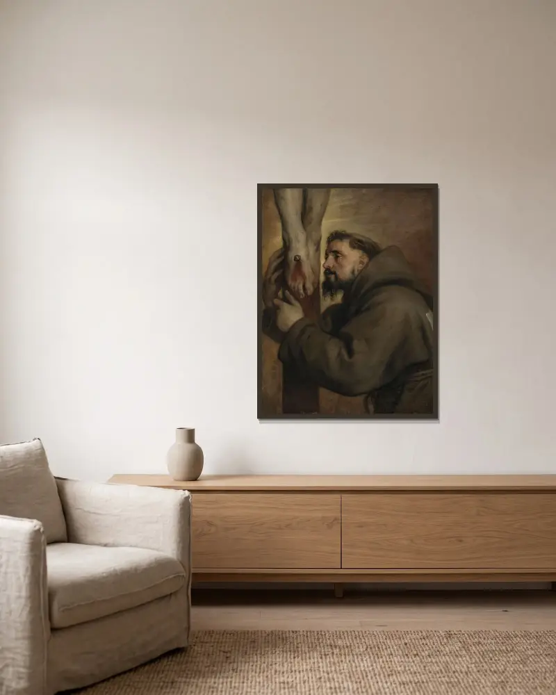 Den helige Franciskus av Assisi vid korsets fot av Anthony van Dyck inramad på en vägg