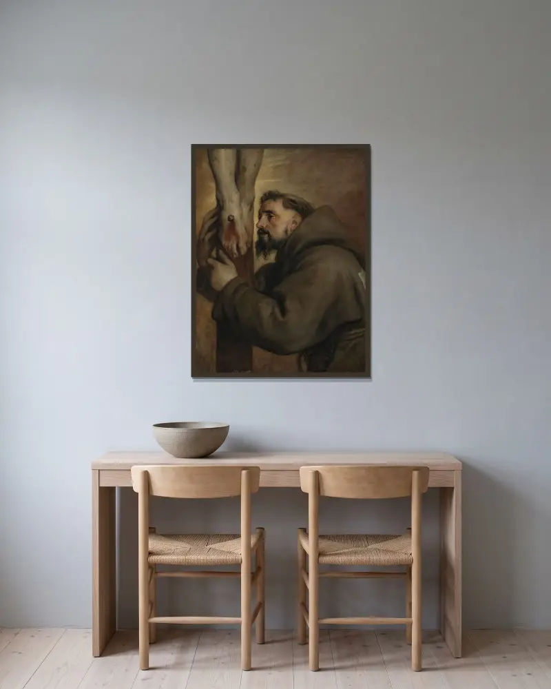 Den helige Franciskus av Assisi vid korsets fot av Anthony van Dyck inramad på en vägg