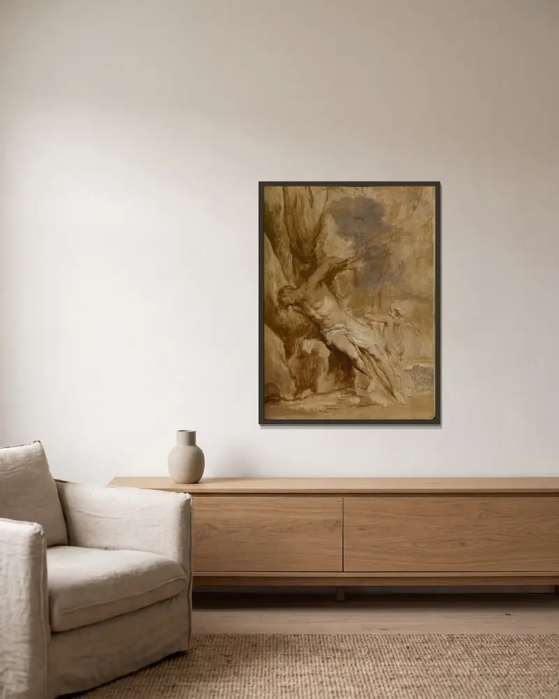 Der heilige Sebastian, von einem Engel gepflegt von Anthony van Dyck gerahmt an einer Wand