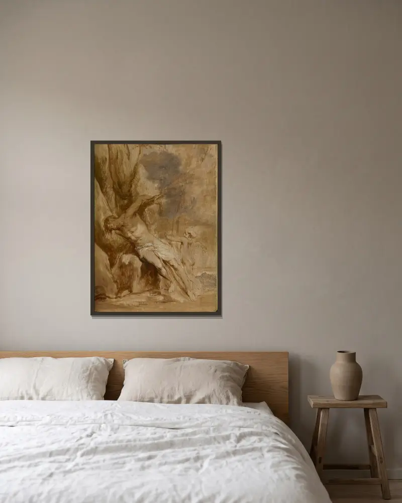 Der heilige Sebastian, von einem Engel gepflegt von Anthony van Dyck gerahmt an einer Wand