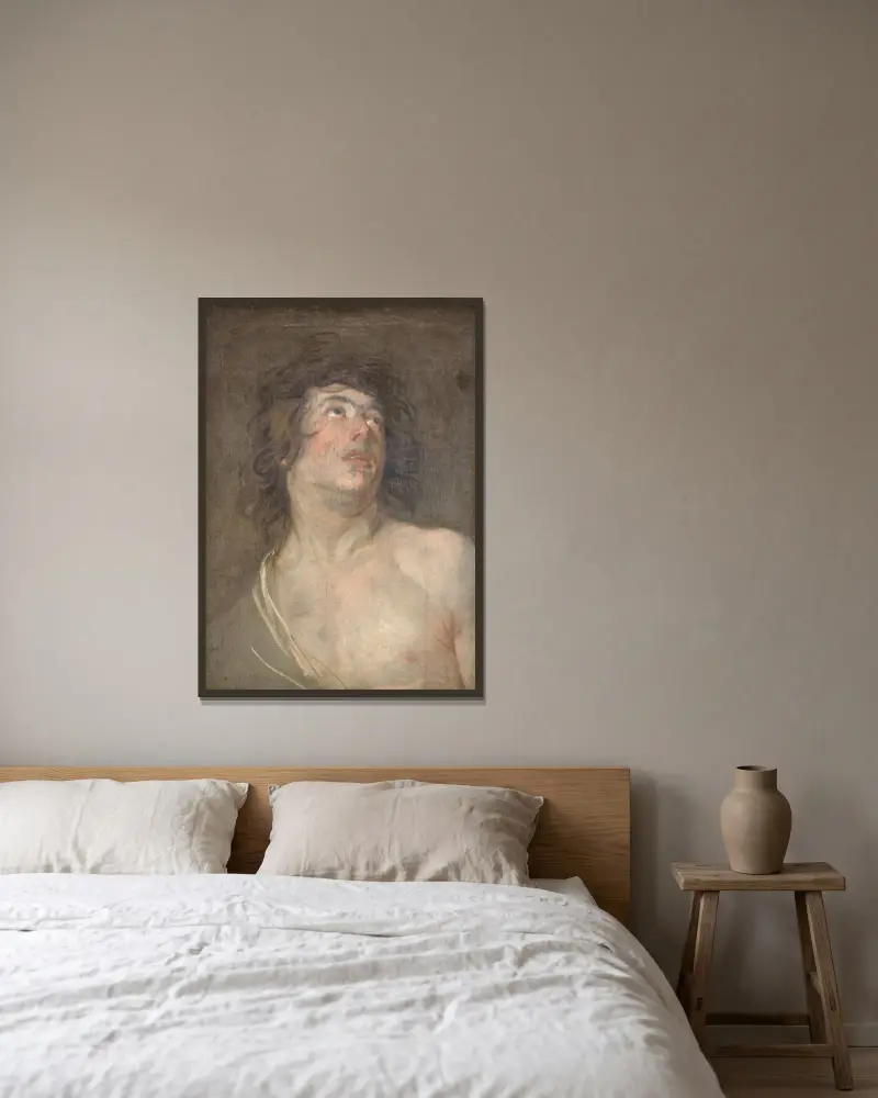 Studienkopf eines nach oben blickenden jungen Mannes. Hl. Sebastian von Anthony van Dyck gerahmt an einer Wand