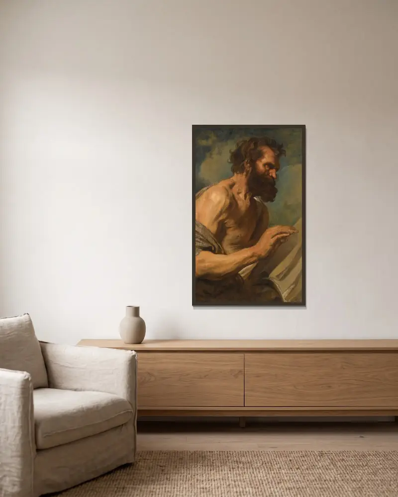 Studie av en skäggig man med höjda händer av Anthony van Dyck inramad på en vägg