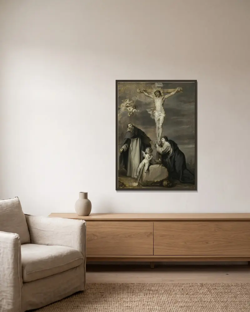 Der gekreuzigte Christus, angebetet von den Heiligen Dominikus und Katharina von Siena von Anthony van Dyck gerahmt an einer Wand