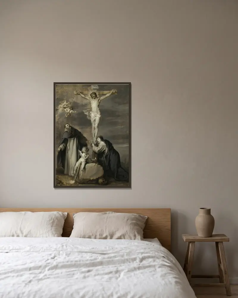 Der gekreuzigte Christus, angebetet von den Heiligen Dominikus und Katharina von Siena von Anthony van Dyck gerahmt an einer Wand
