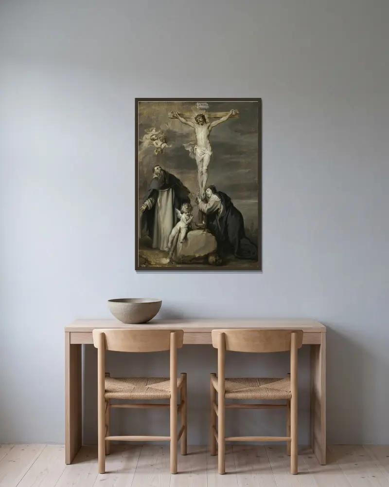 Der gekreuzigte Christus, angebetet von den Heiligen Dominikus und Katharina von Siena von Anthony van Dyck gerahmt an einer Wand
