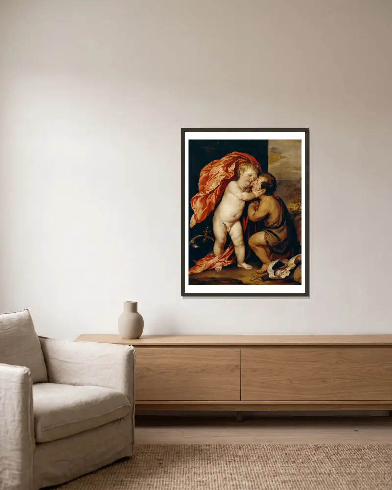 Kristusbarnet och Johannes Döparen av Anthony van Dyck inramad på en vägg