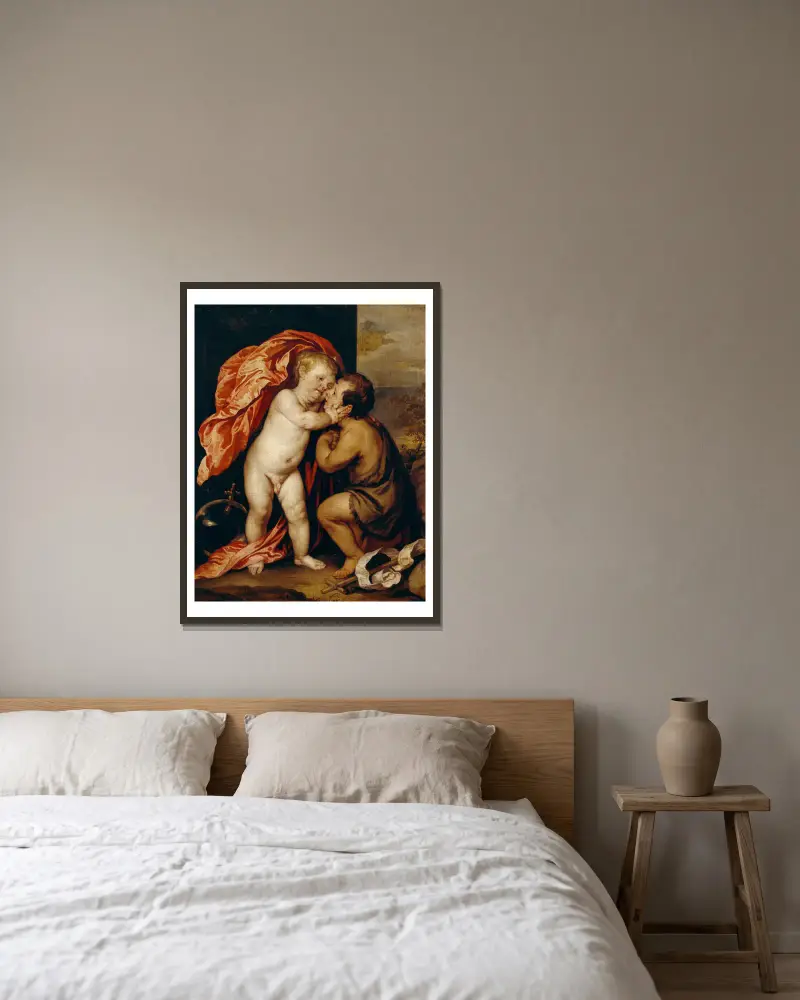 Kristusbarnet och Johannes Döparen av Anthony van Dyck inramad på en vägg