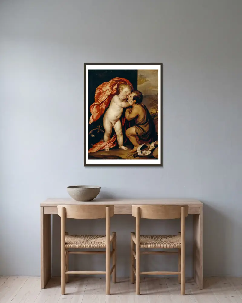 Kristusbarnet och Johannes Döparen av Anthony van Dyck inramad på en vägg