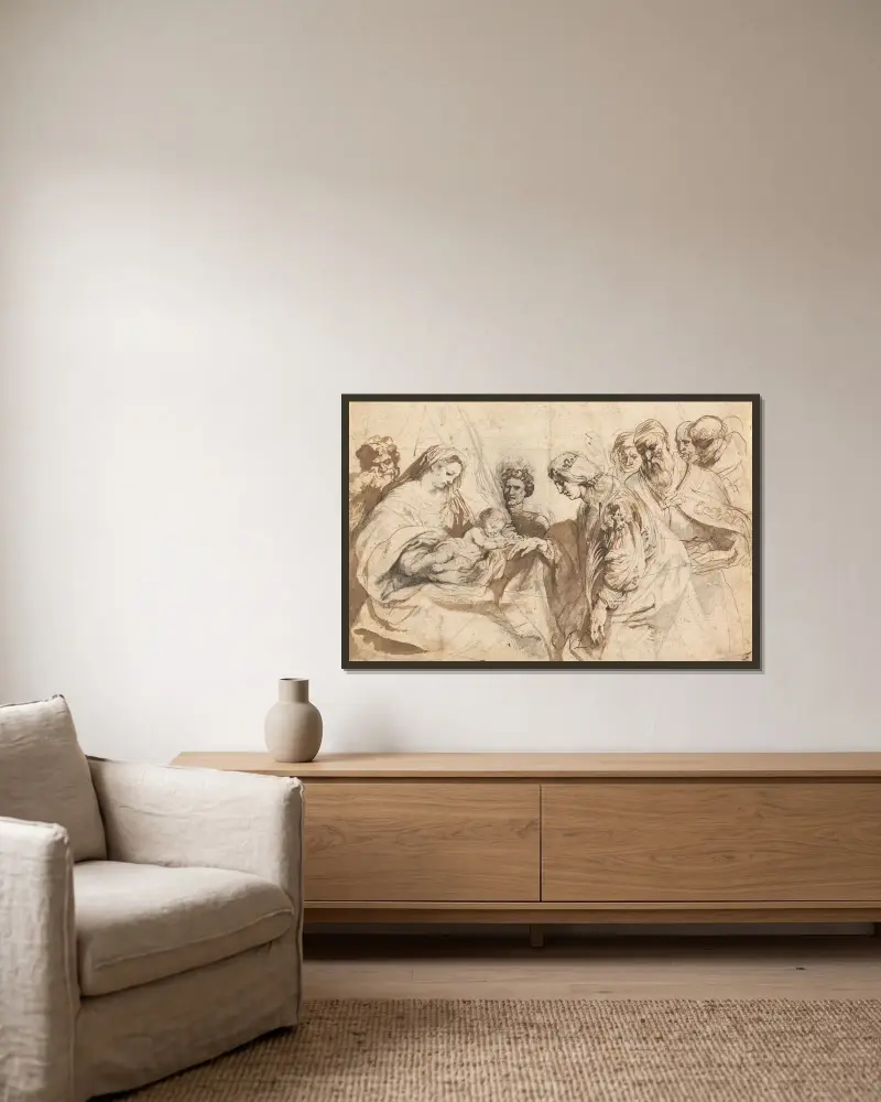 Die mystische Vermählung der heiligen Katharina von Anthony van Dyck gerahmt an einer Wand