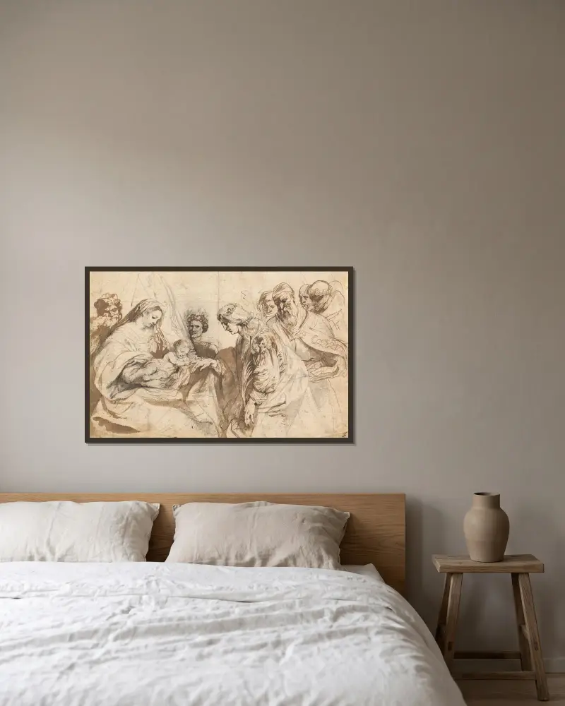 Die mystische Vermählung der heiligen Katharina von Anthony van Dyck gerahmt an einer Wand