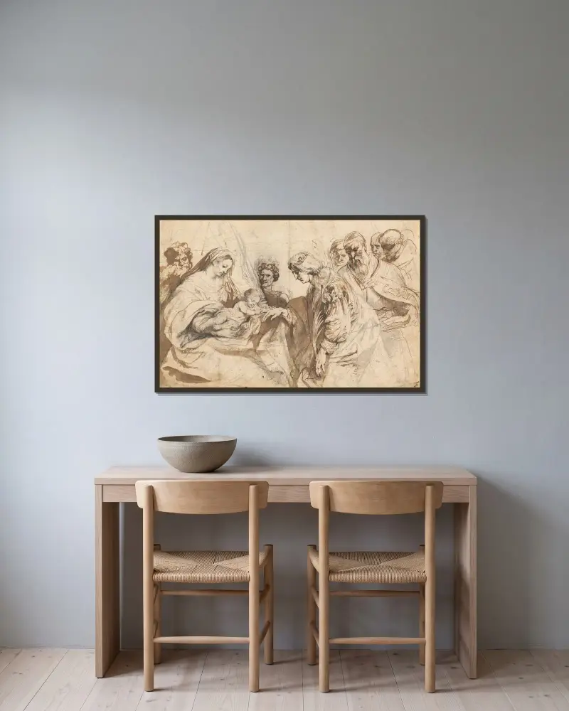 Die mystische Vermählung der heiligen Katharina von Anthony van Dyck gerahmt an einer Wand