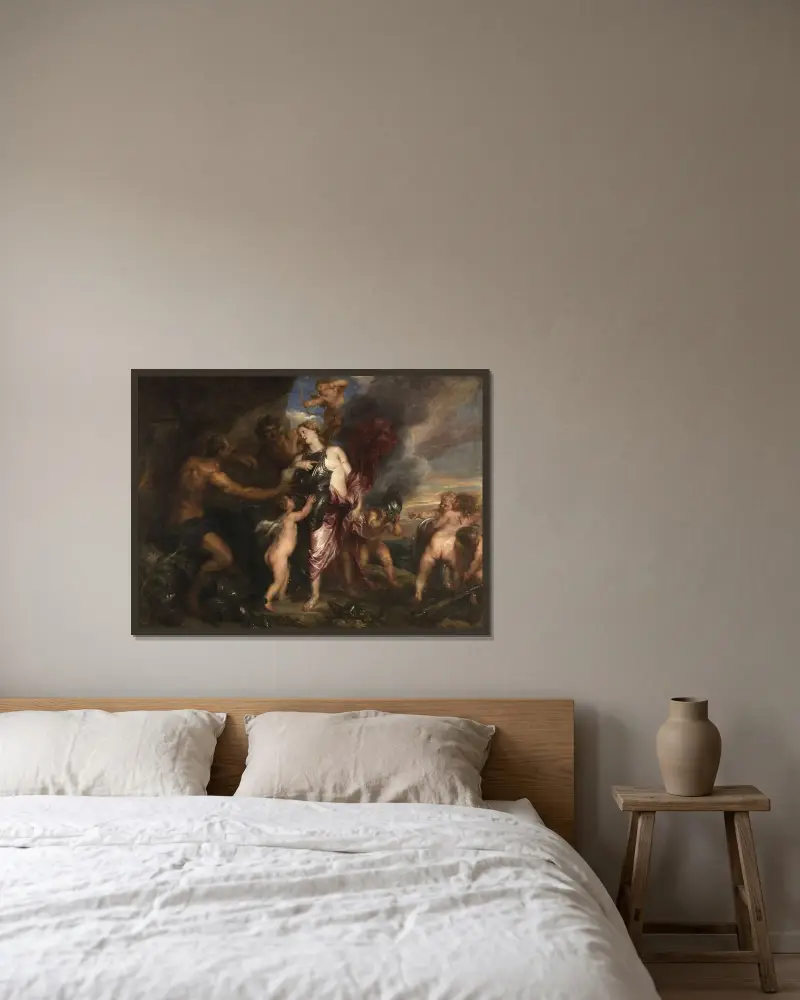 Thetis tar emot den nya rustningen till Achilles i Vulkans smedja av Anthony van Dyck inramad på en vägg