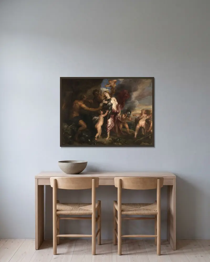 Thetis tar emot den nya rustningen till Achilles i Vulkans smedja av Anthony van Dyck inramad på en vägg