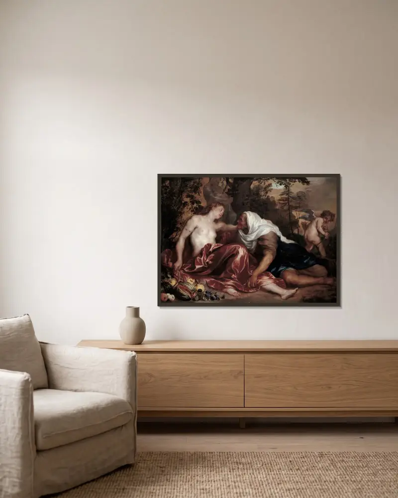 Vertumnus and Pomona av Anthony van Dyck inramad på en vägg