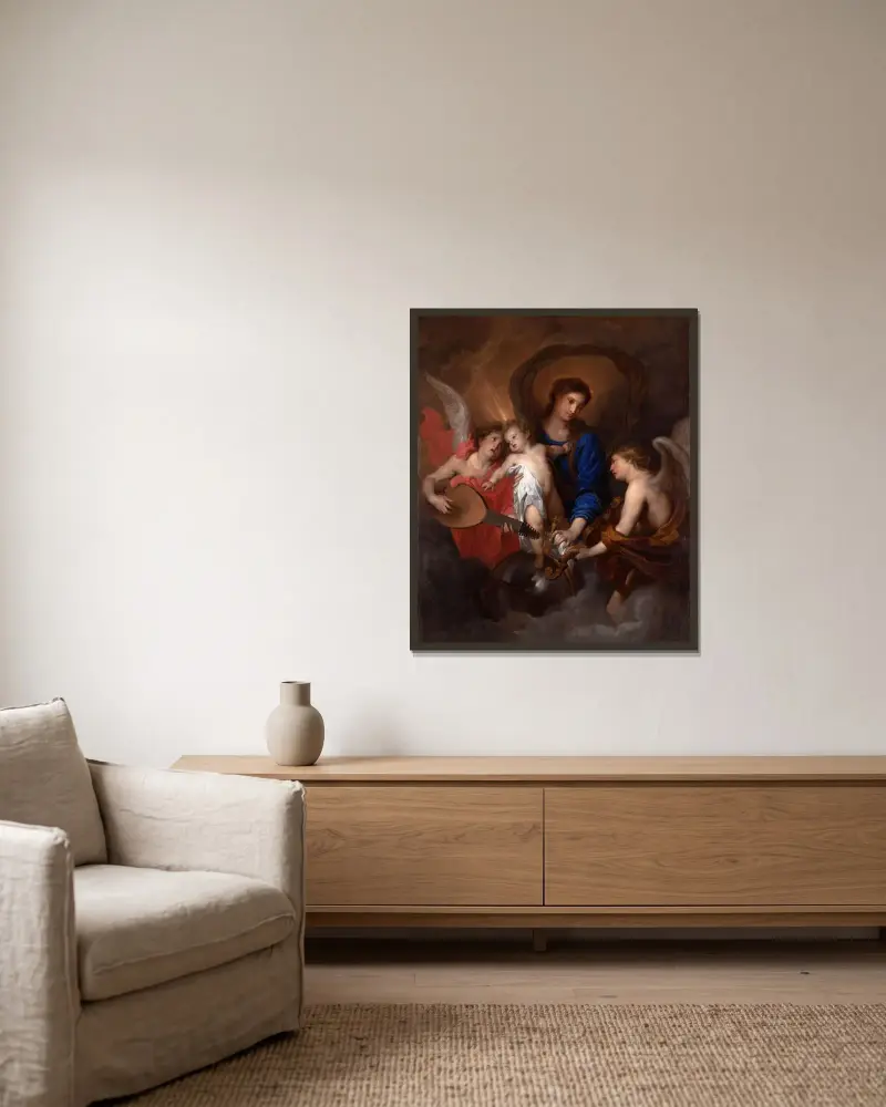 Virgin and Child with Music-Making Angels av Anthony van Dyck inramad på en vägg