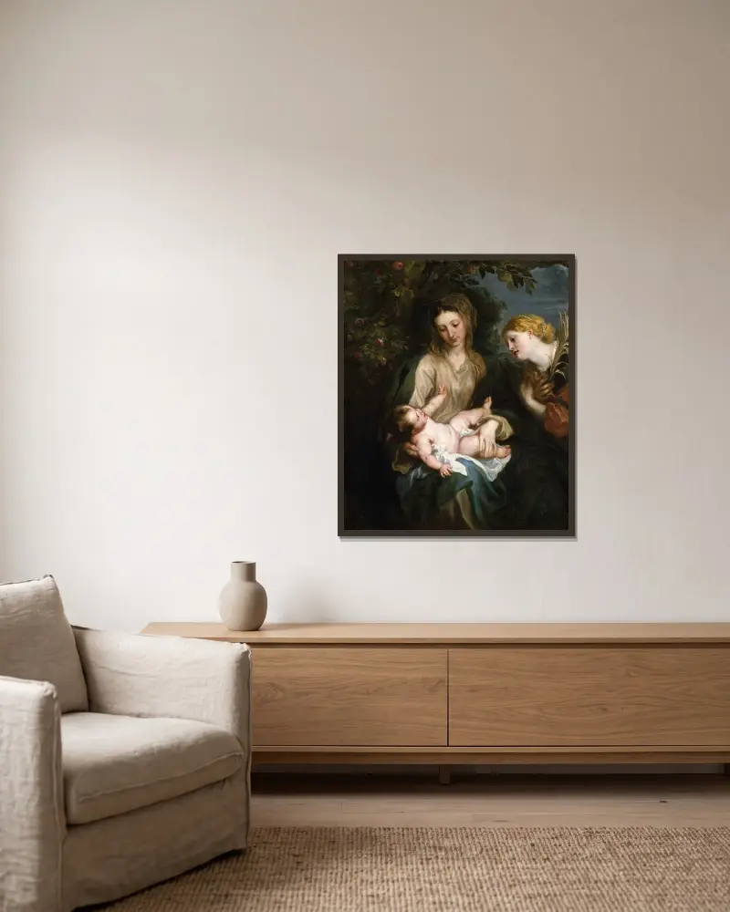 Jungfrun och barnet med den heliga Katarina av Alexandria av Anthony van Dyck inramad på en vägg