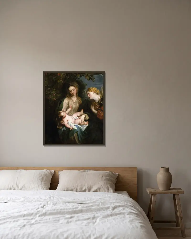Jungfrun och barnet med den heliga Katarina av Alexandria av Anthony van Dyck inramad på en vägg