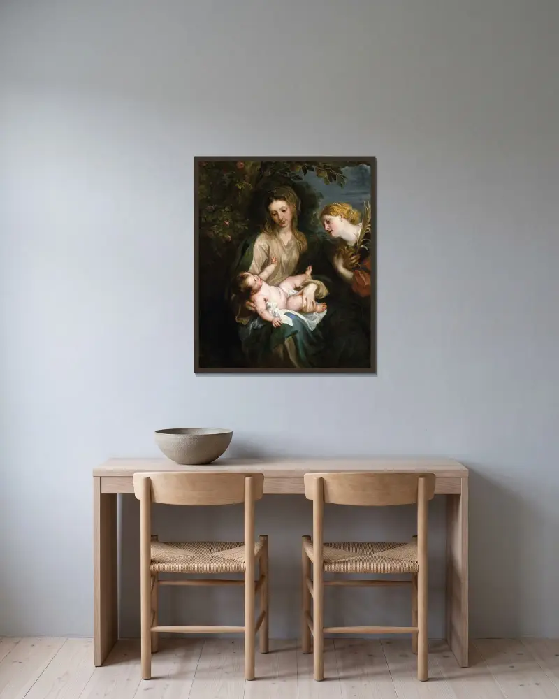 Jungfrun och barnet med den heliga Katarina av Alexandria av Anthony van Dyck inramad på en vägg