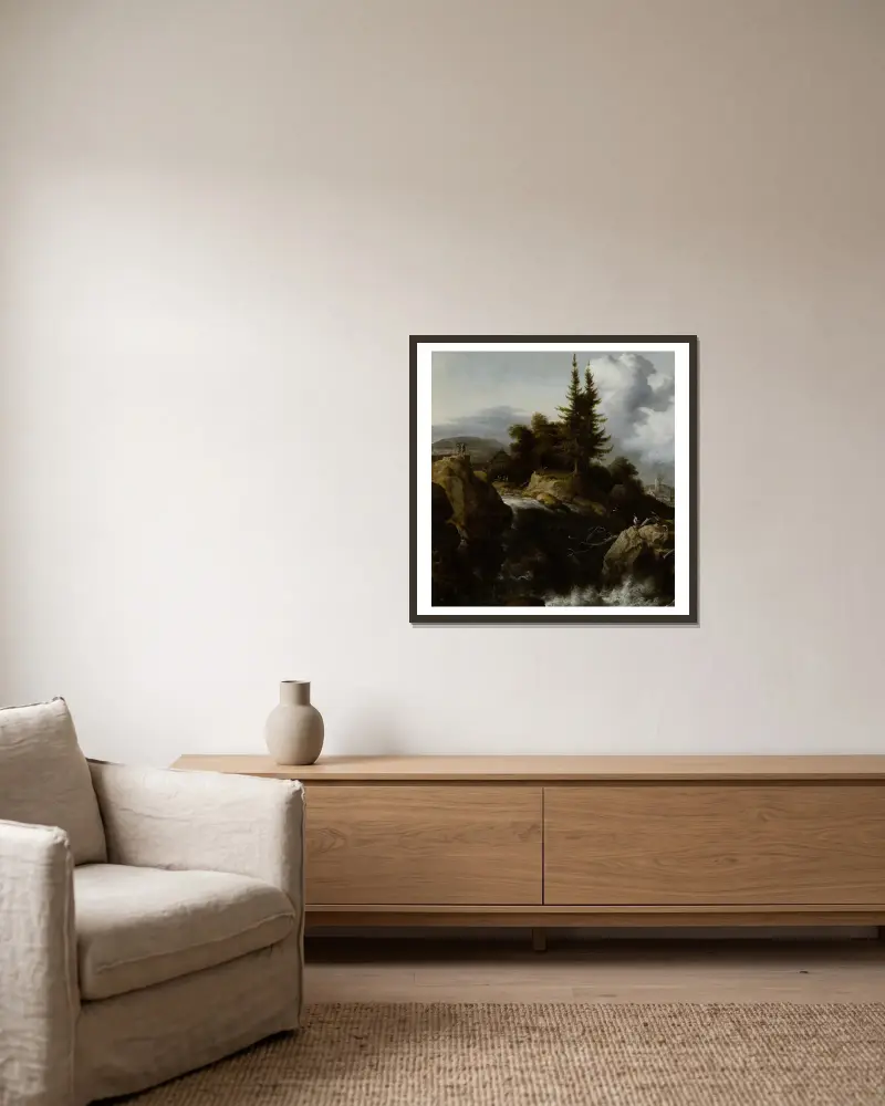 Landschaft mit Wasserfall von Allaert van Everdingen gerahmt an einer Wand