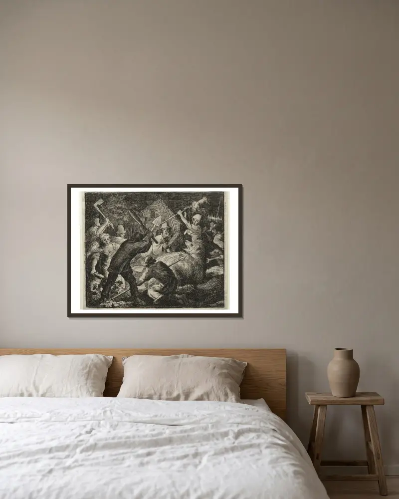 Bauern greifen den Bären an von Allaert van Everdingen gerahmt an einer Wand