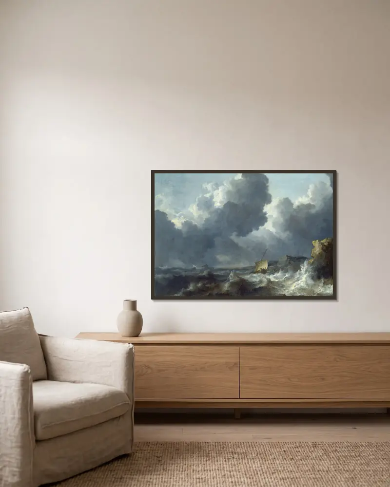 Stürmische See von Allaert van Everdingen gerahmt an einer Wand