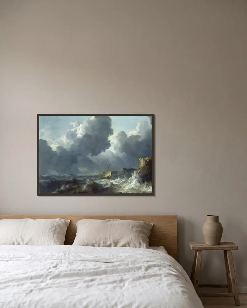 Stürmische See von Allaert van Everdingen gerahmt an einer Wand