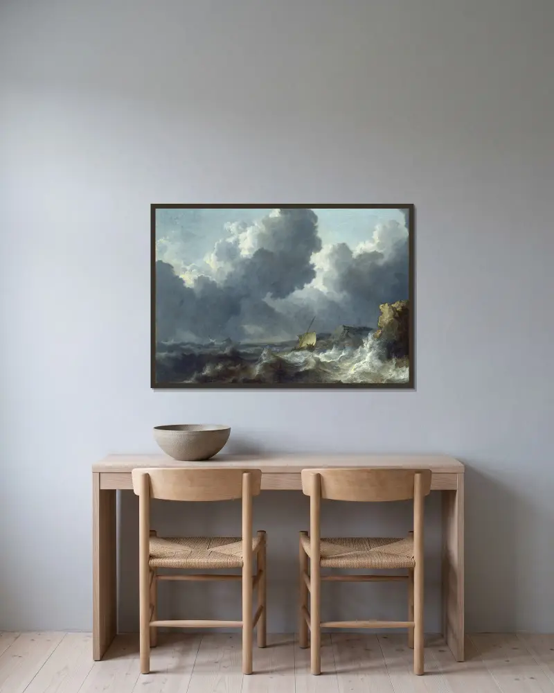Stürmische See von Allaert van Everdingen gerahmt an einer Wand