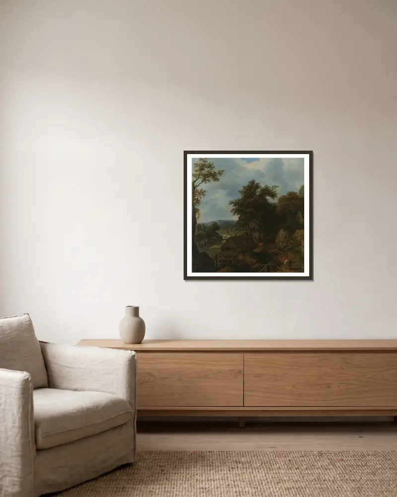 Schwedische Landschaft mit Wassermühle von Allaert van Everdingen gerahmt an einer Wand