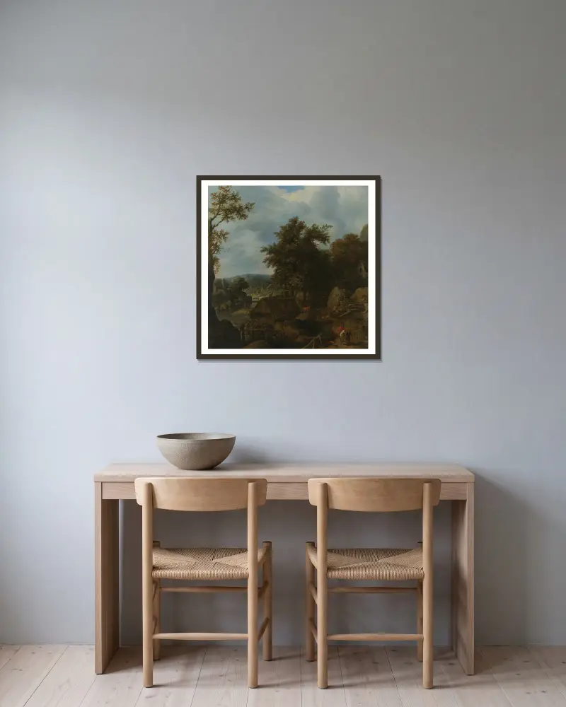 Schwedische Landschaft mit Wassermühle von Allaert van Everdingen gerahmt an einer Wand