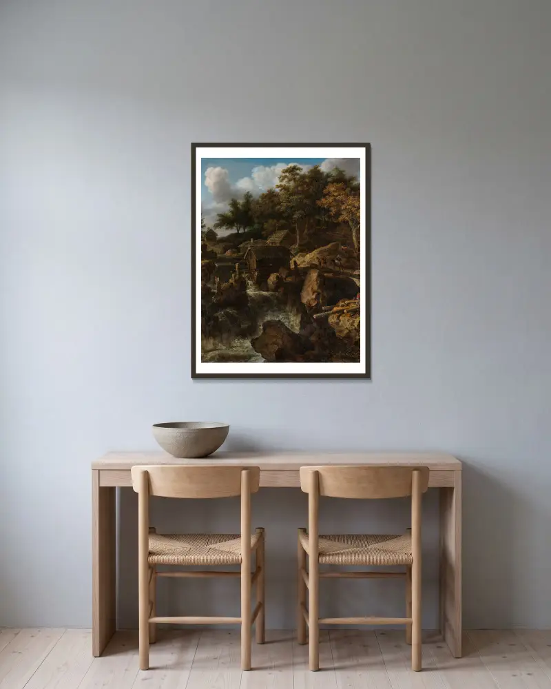 Schwedische Landschaft mit Wasserfall von Allaert van Everdingen gerahmt an einer Wand