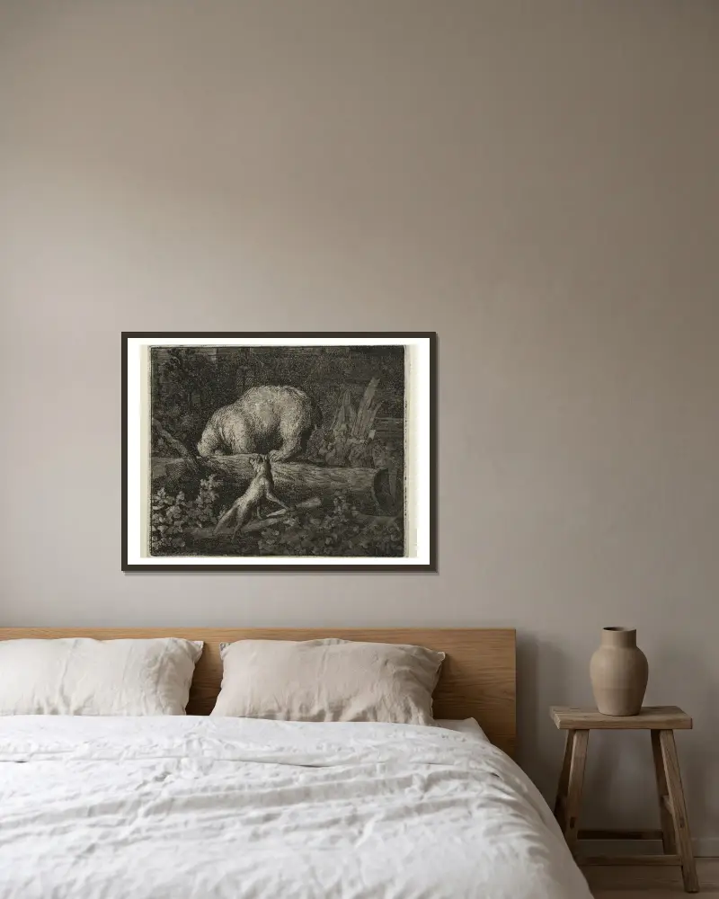 Trapping the Bear av Allaert van Everdingen inramad på en vägg