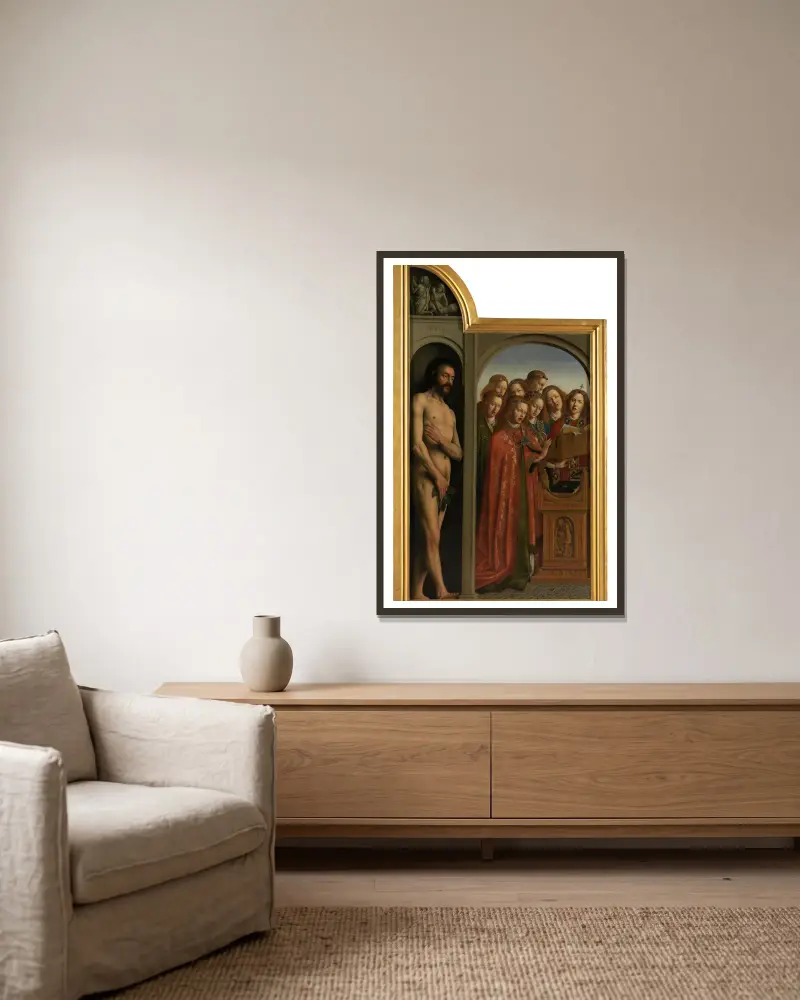 Adam and Singing Angels av Jan van Eyck inramad på en vägg