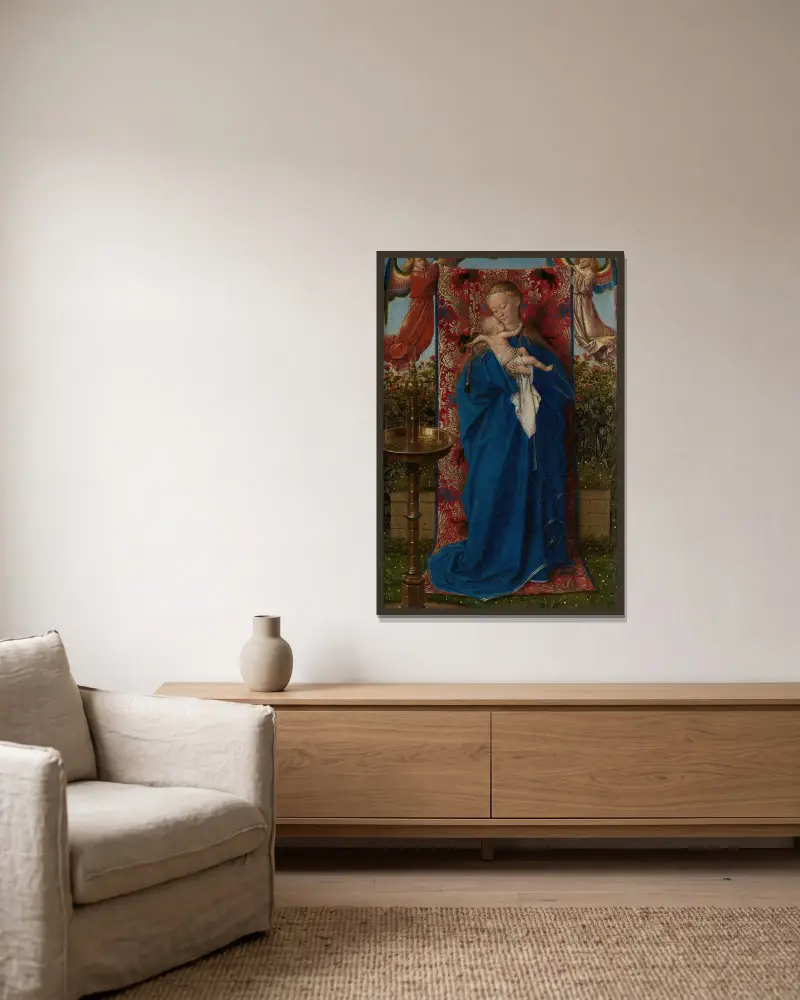 Madonna am Brunnen von Jan van Eyck gerahmt an einer Wand
