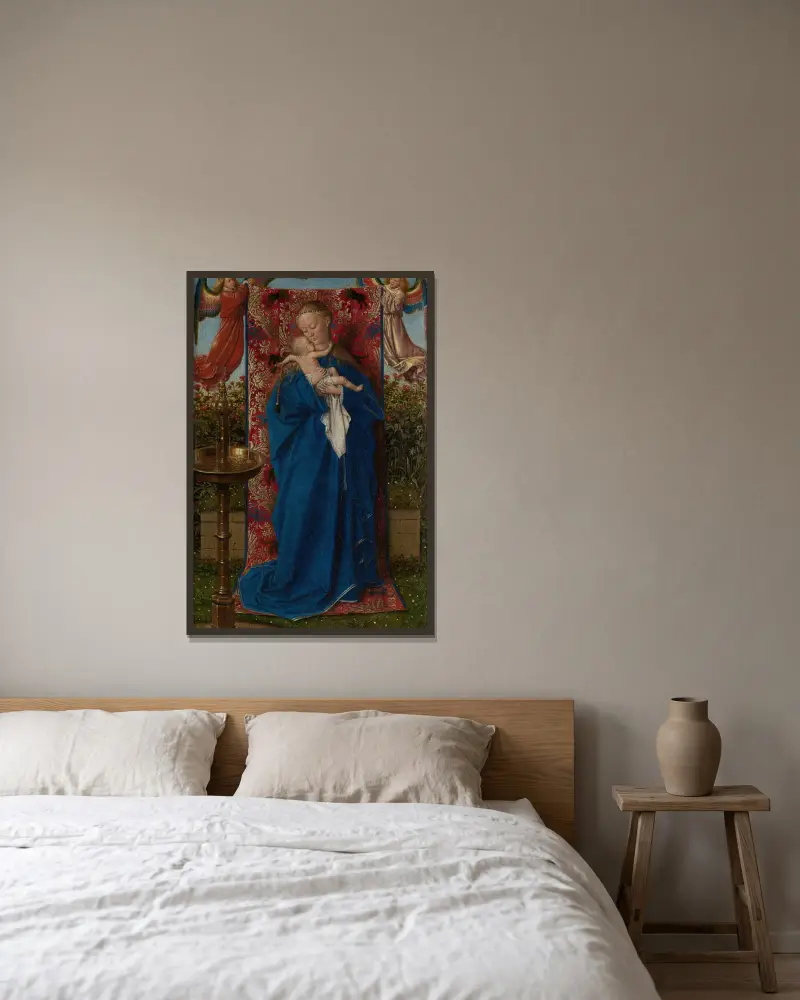 Madonna am Brunnen von Jan van Eyck gerahmt an einer Wand
