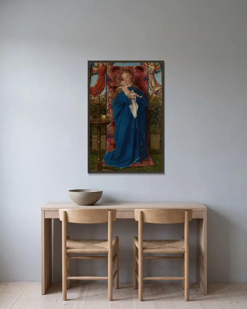 Madonna am Brunnen von Jan van Eyck gerahmt an einer Wand