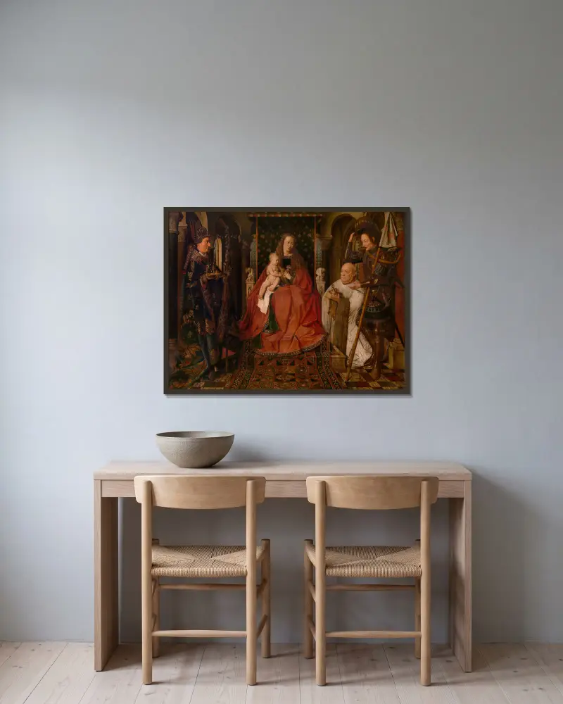 Madonnan omgiven av sankt Göran, sankt Donatianus av Reims och donatorn kaniken van der Paele av Jan van Eyck inramad på en vägg