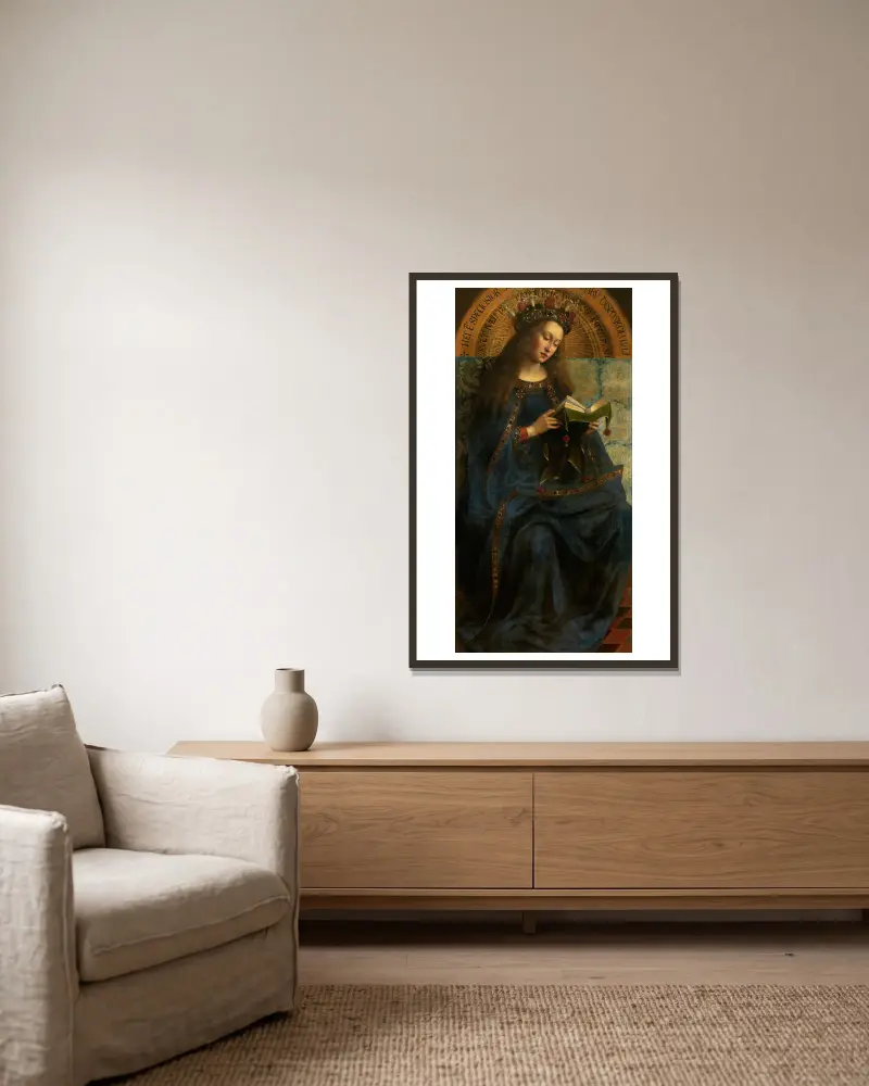 Mary av Jan van Eyck inramad på en vägg